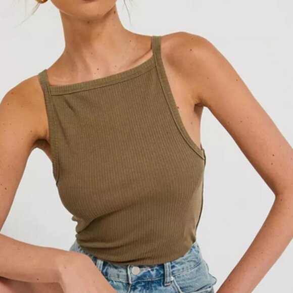 Free People Mia Ribbed Tank Top Women’s XS Khaki Olive Green Square Neck NWT - Picture 1 of 8